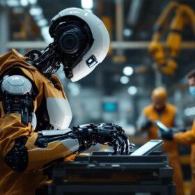 A photograph of a sleek industrial robot in action within a modern manufacturing facility