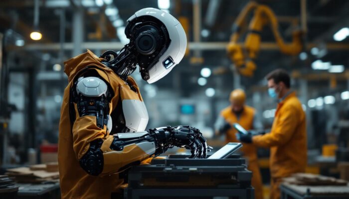 A photograph of a sleek industrial robot in action within a modern manufacturing facility