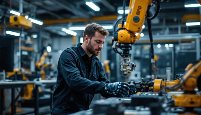 A photograph of a skilled mechatronics technician working on an industrial robotic arm in a modern workshop