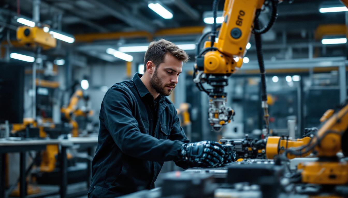 A photograph of a skilled mechatronics technician working on an industrial robotic arm in a modern workshop