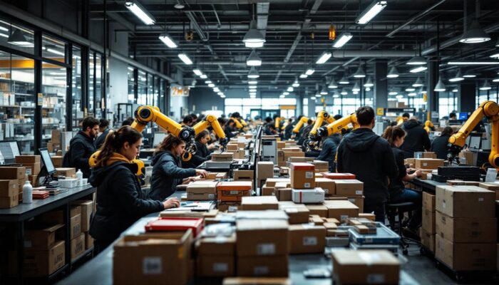 A photograph of a busy post office during lunch hours