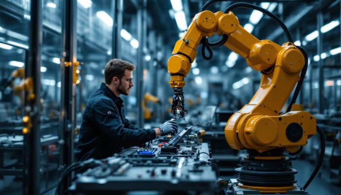 A photograph of a skilled technician programming or operating an industrial robot in a modern manufacturing facility