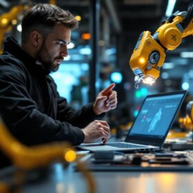 A photograph of a dynamic scene showcasing a boston scientific sales representative engaging with advanced industrial robotic technology in a modern medical setting