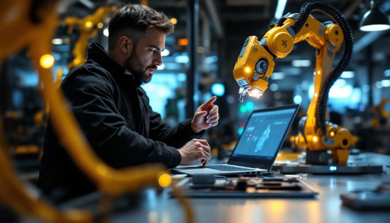 A photograph of a dynamic scene showcasing a boston scientific sales representative engaging with advanced industrial robotic technology in a modern medical setting