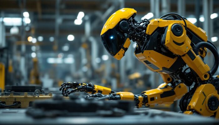A photograph of a boston dynamics robot in action within an industrial setting