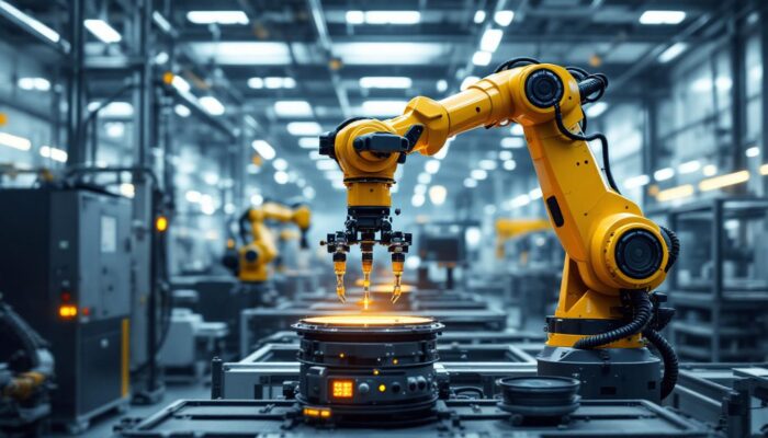 A photograph of a sleek industrial robotic arm in action within a modern manufacturing environment
