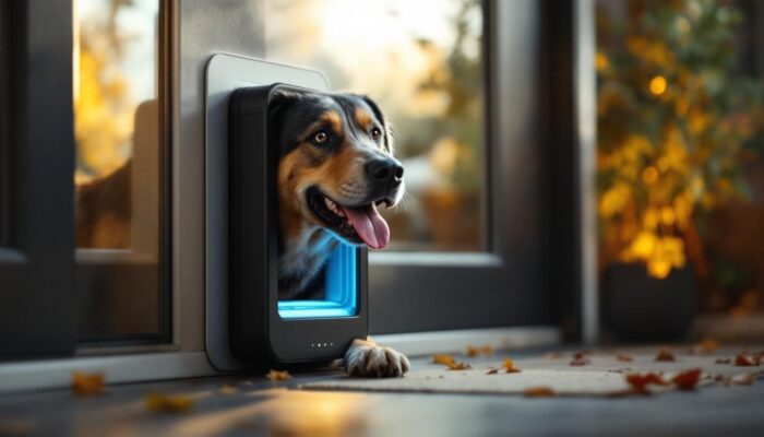 A photograph of a large dog confidently using an electronic doggie door