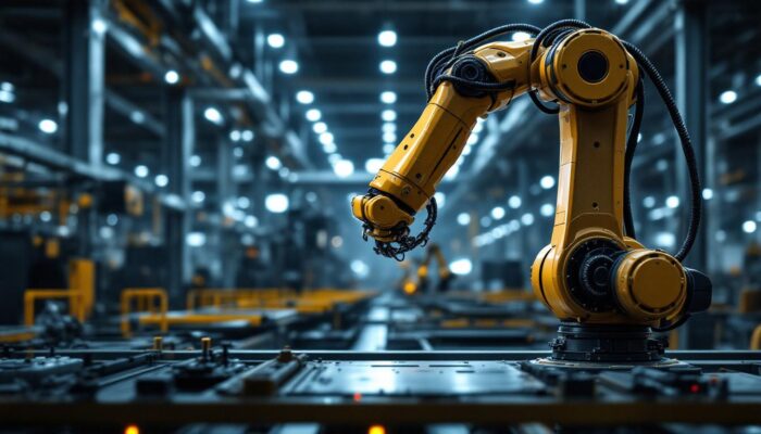 A photograph of a sleek industrial robotic arm in action within a modern manufacturing facility