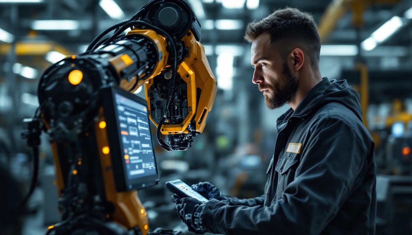 A photograph of a controls engineer programming or interacting with an industrial robot in a modern manufacturing setting