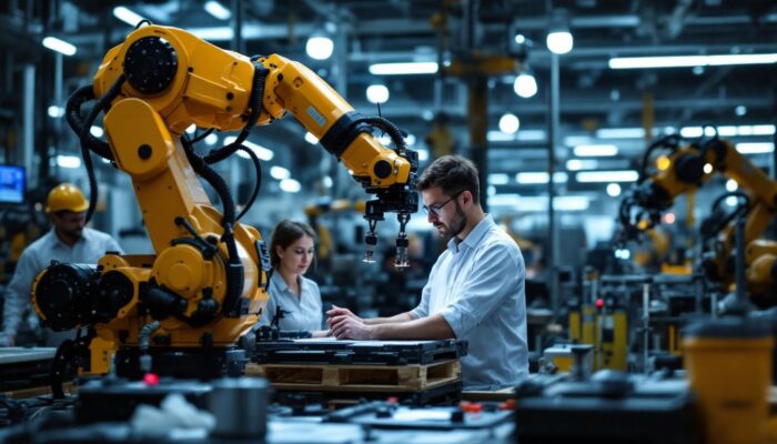 A photograph of a modern industrial workspace showcasing a robotic arm in action