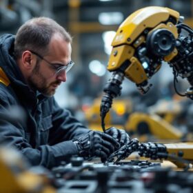 A photograph of a skilled robotics engineer working intently on an industrial robot