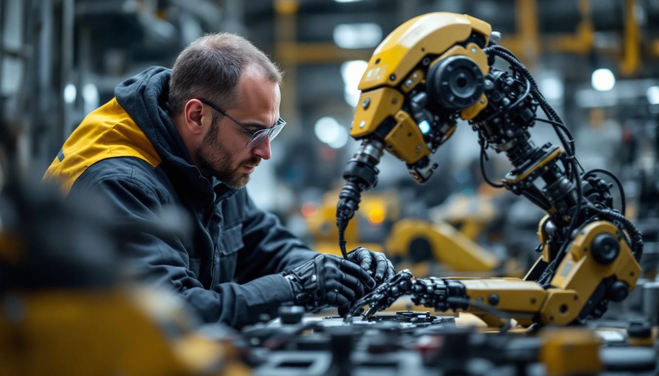 A photograph of a skilled robotics engineer working intently on an industrial robot