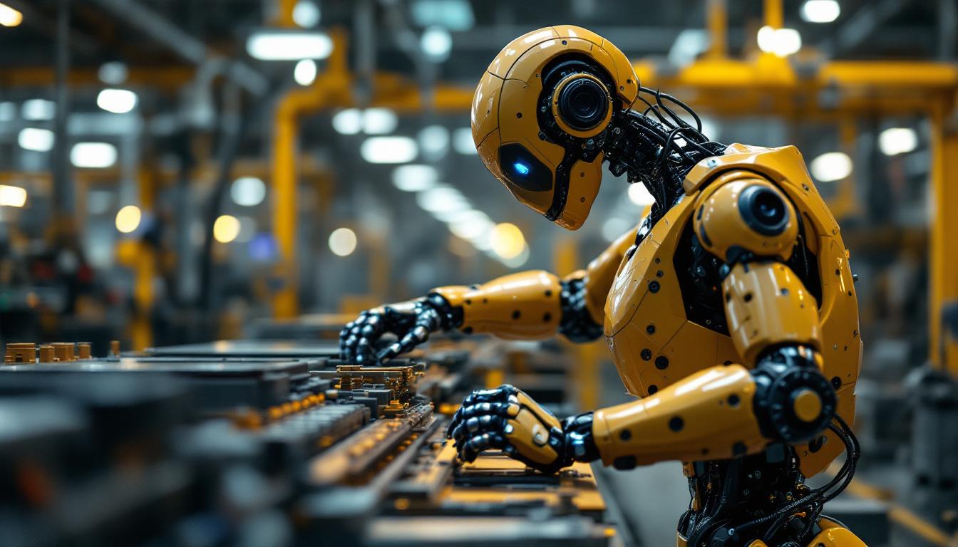 A photograph of a sleek industrial robot in action within a manufacturing environment