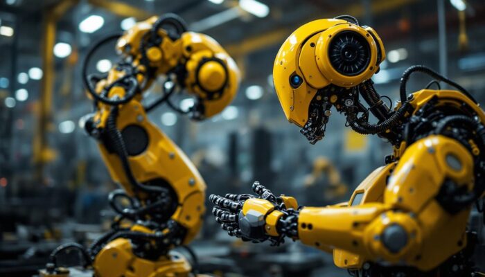 A photograph of a dynamic industrial robot in action