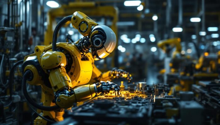 A photograph of a sleek industrial robot in action within a manufacturing environment