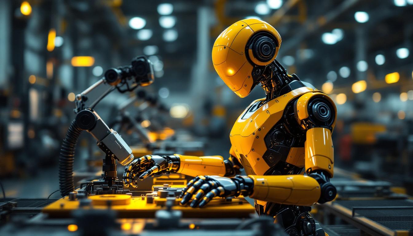 A photograph of a sleek industrial robot in action on a factory floor