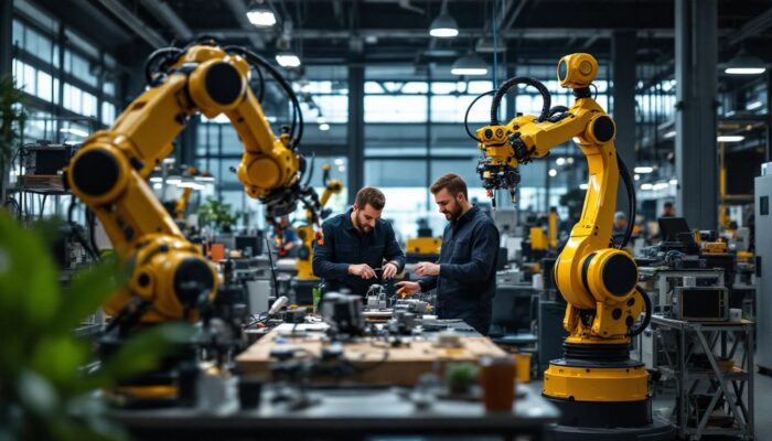 A photograph of a dynamic industrial robotics workspace in waltham