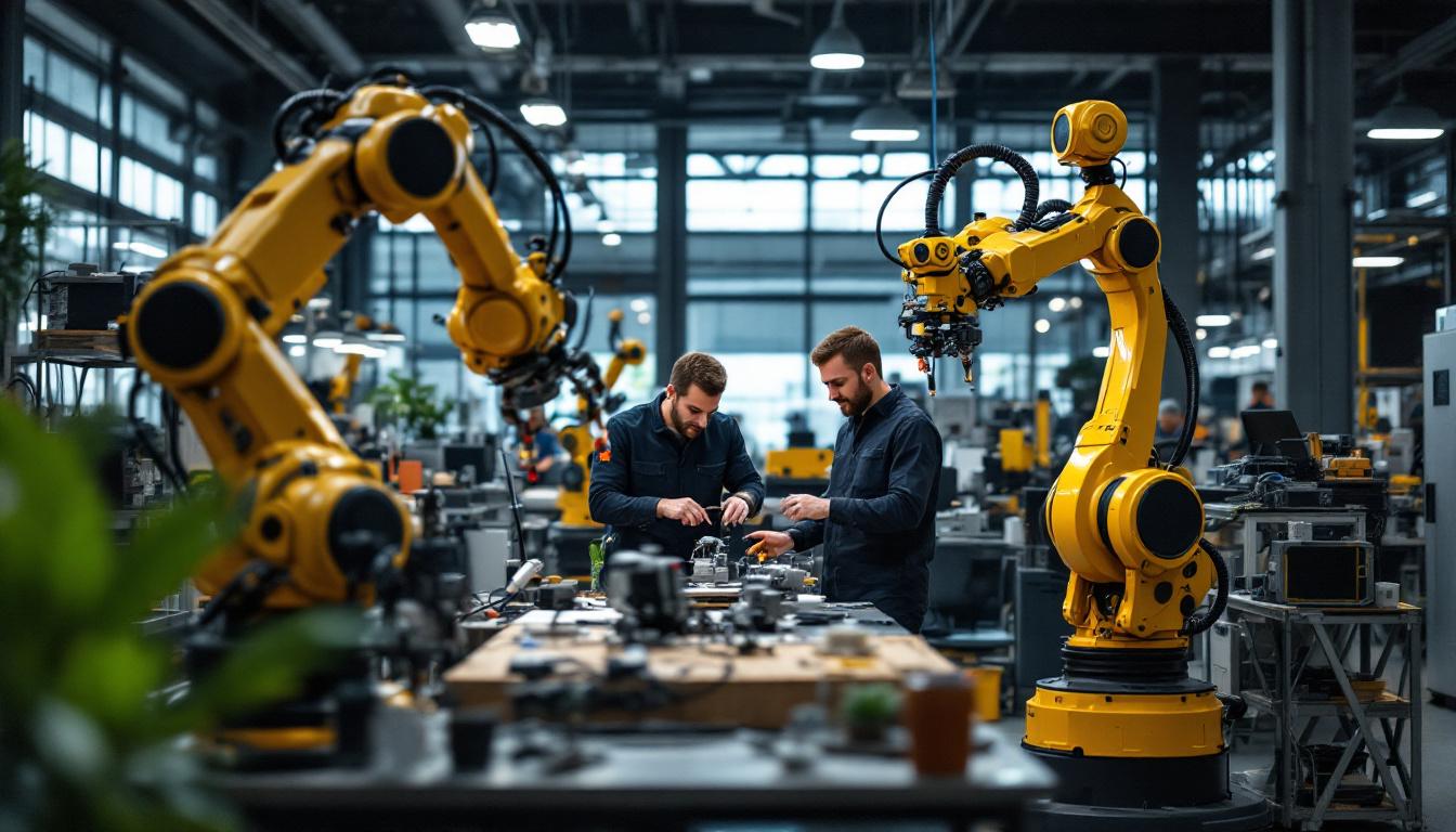 A photograph of a dynamic industrial robotics workspace in waltham