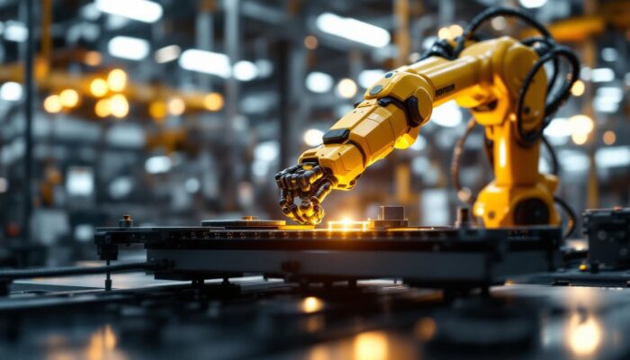 A photograph of a dynamic industrial robotics environment showcasing a robotic arm in action
