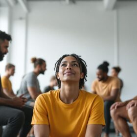 A photograph of a diverse group of individuals of varying ages and fitness levels performing the 30-second sit-to-stand test in a bright