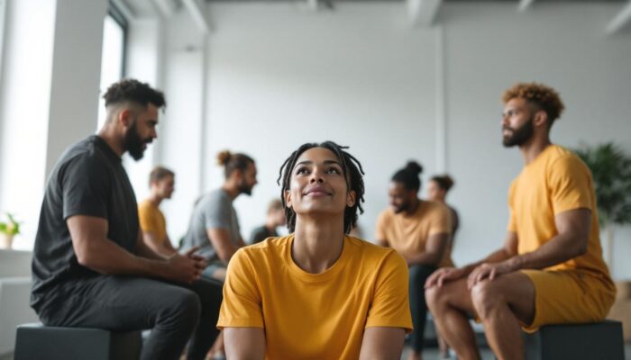 A photograph of a diverse group of individuals of varying ages and fitness levels performing the 30-second sit-to-stand test in a bright