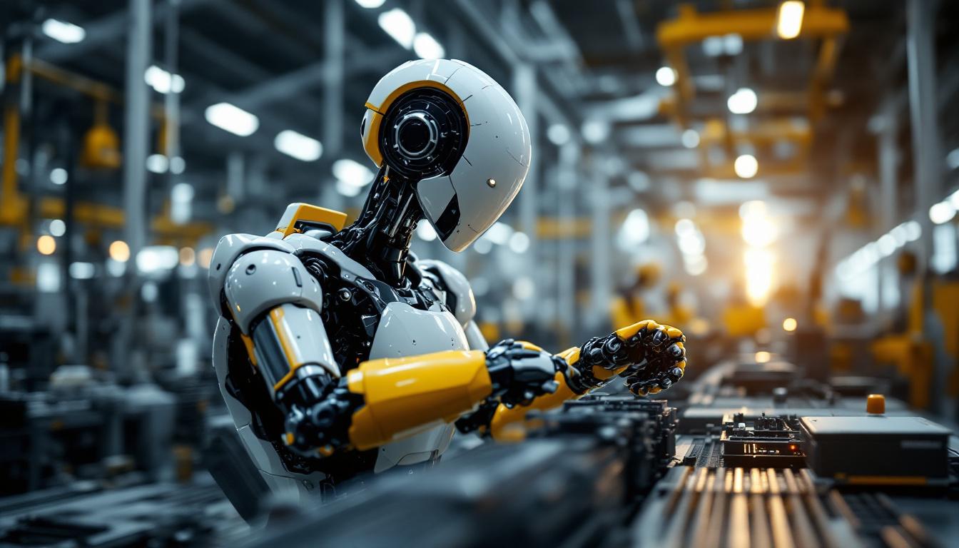 A photograph of a modern industrial robot in action on a factory floor