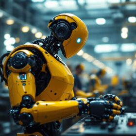 A photograph of a sleek industrial robot in action within a modern manufacturing facility