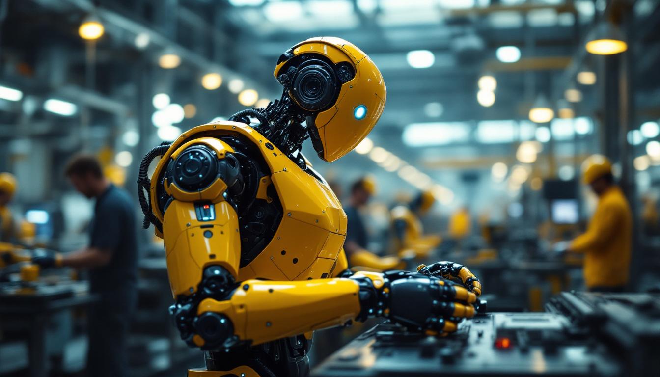 A photograph of a sleek industrial robot in action within a modern manufacturing facility