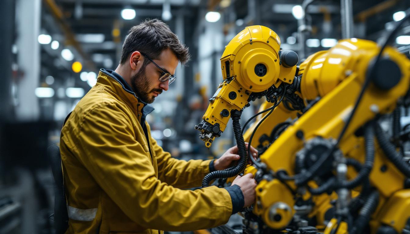 A photograph of a principal electrical engineer working on an industrial robotic system