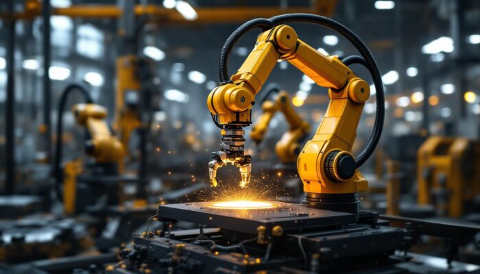 A photograph of a sleek industrial robotic arm in action