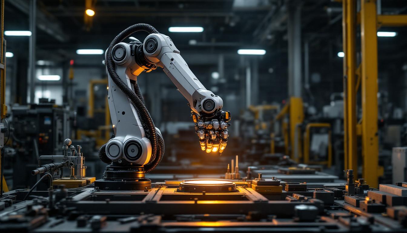 A photograph of a sleek industrial robotic arm in action within a modern manufacturing environment