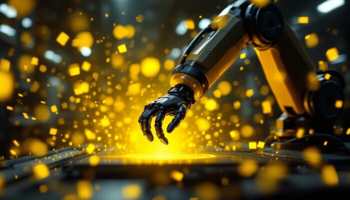 A photograph of a sleek industrial robotic arm in action