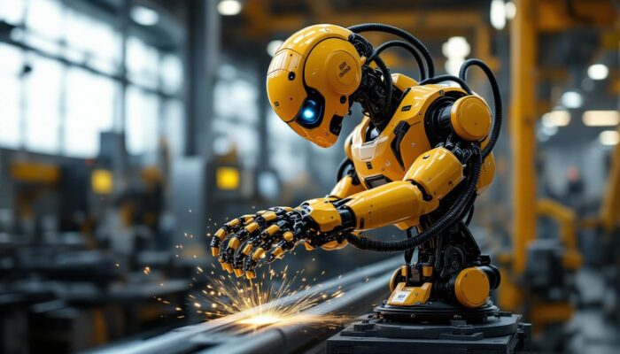 A photograph of a dynamic industrial robot in motion