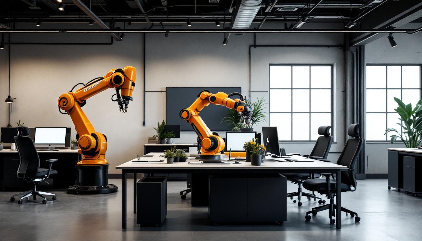 A photograph of a sleek industrial workspace featuring bos office furniture