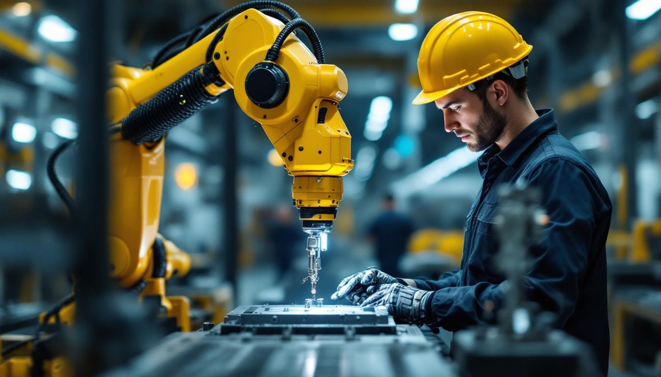 A photograph of a skilled technician operating an industrial robot in a modern manufacturing facility