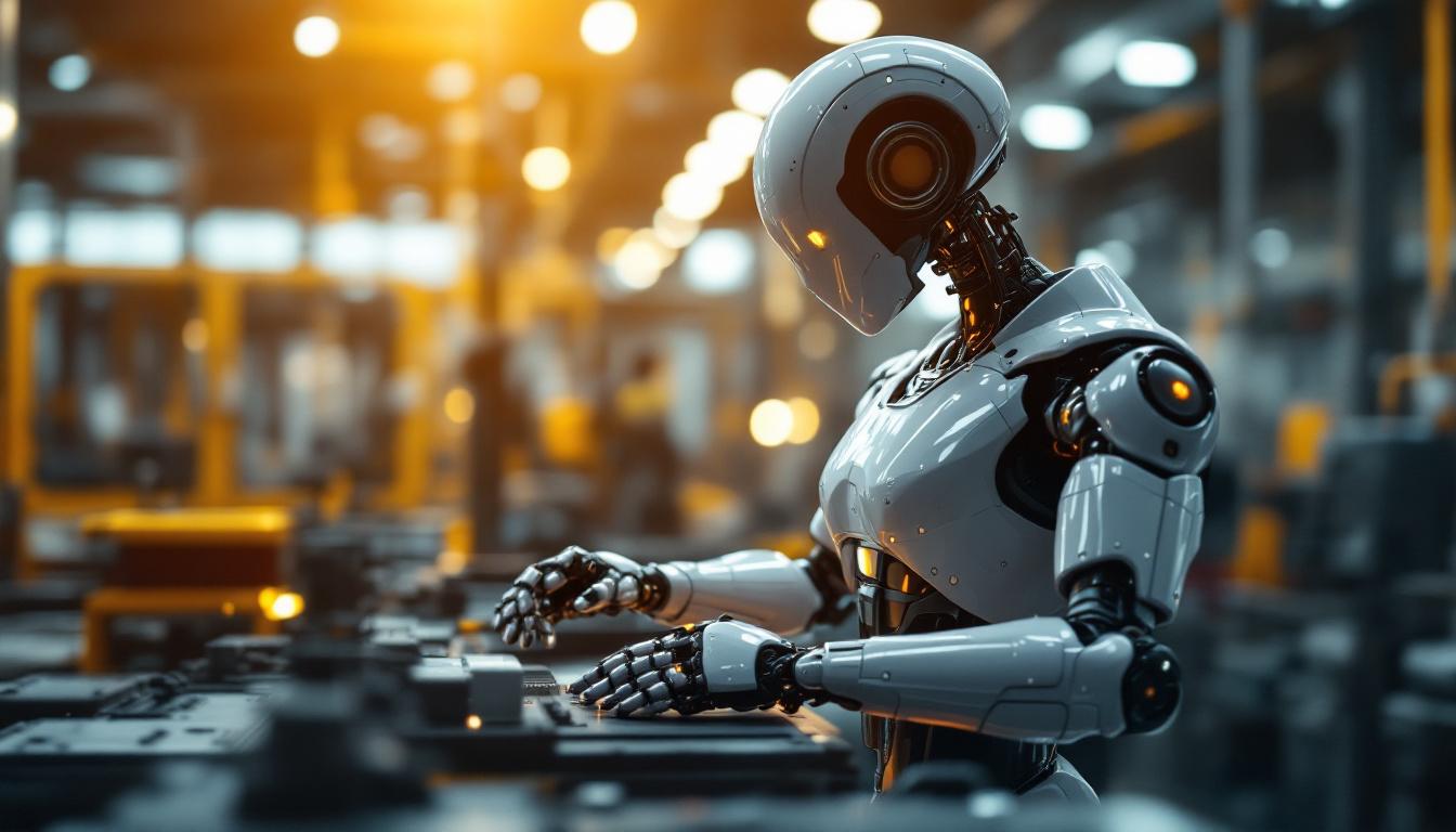 A photograph of a sleek industrial robot in action within a modern manufacturing environment