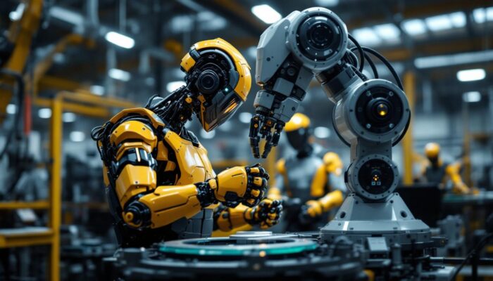 A photograph of a modern industrial robot in action within a manufacturing environment