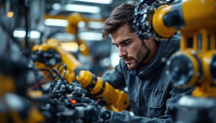 A photograph of a young engineer working on an industrial robot in a modern manufacturing setting