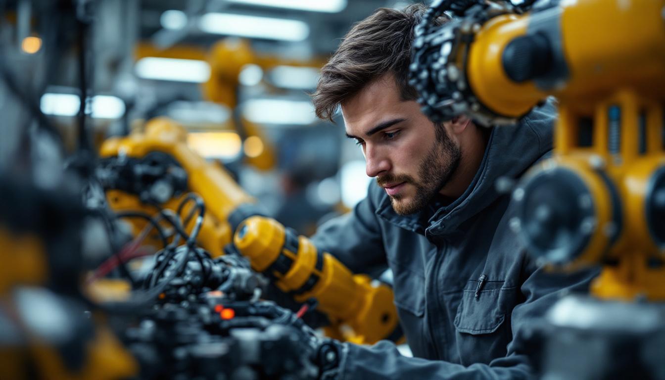 A photograph of a young engineer working on an industrial robot in a modern manufacturing setting