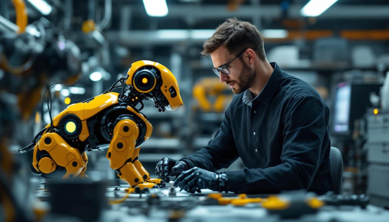 A photograph of a skilled robotic engineer working in a modern lab