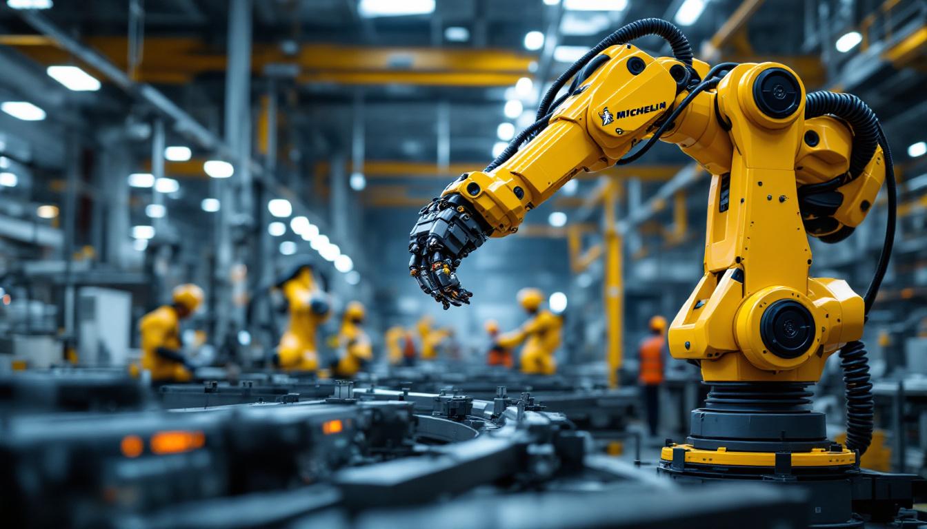 A photograph of a michelin-branded industrial robotic arm in action within a manufacturing setting