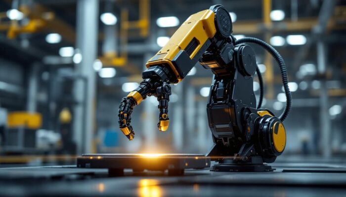 A photograph of a sleek industrial robot in action