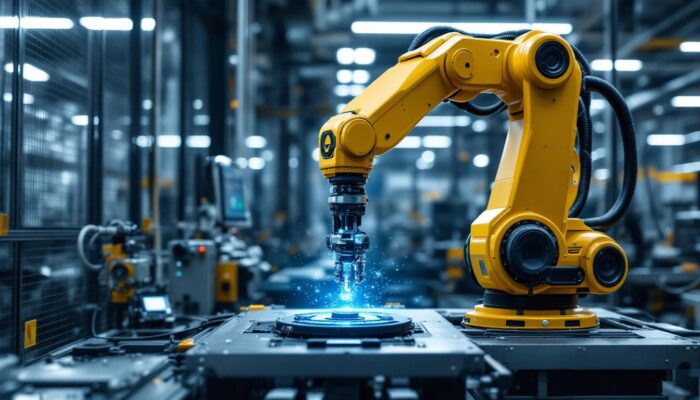 A photograph of a sleek industrial robotic arm in action within a modern manufacturing environment