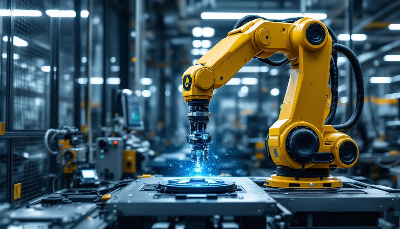 A photograph of a sleek industrial robotic arm in action within a modern manufacturing environment