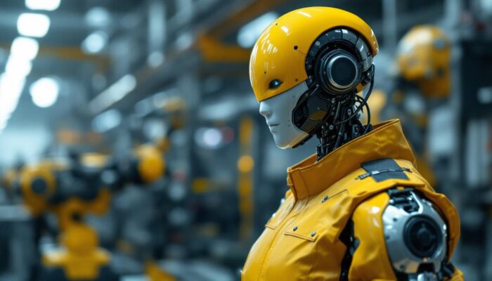 A photograph of a sleek industrial robot in a manufacturing setting