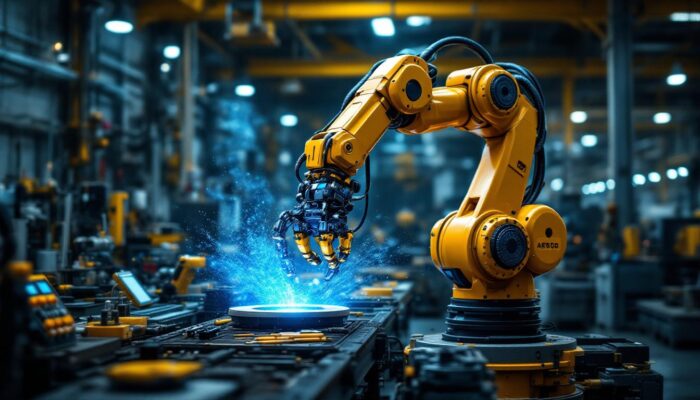 A photograph of a dynamic industrial robotic arm in action