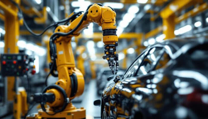 A photograph of a high-tech industrial robotic arm performing a detailed inspection on a car in a modern automotive facility