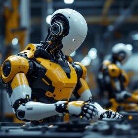 A photograph of a sleek industrial robot in action within a modern manufacturing environment