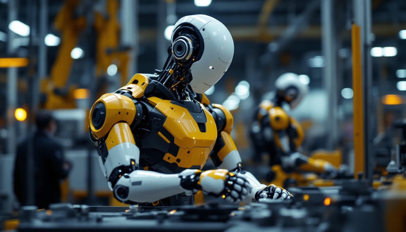 A photograph of a sleek industrial robot in action within a modern manufacturing environment