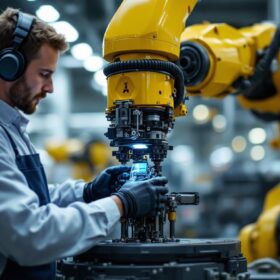 A photograph of a technician inspecting an industrial robotic arm in a modern manufacturing facility